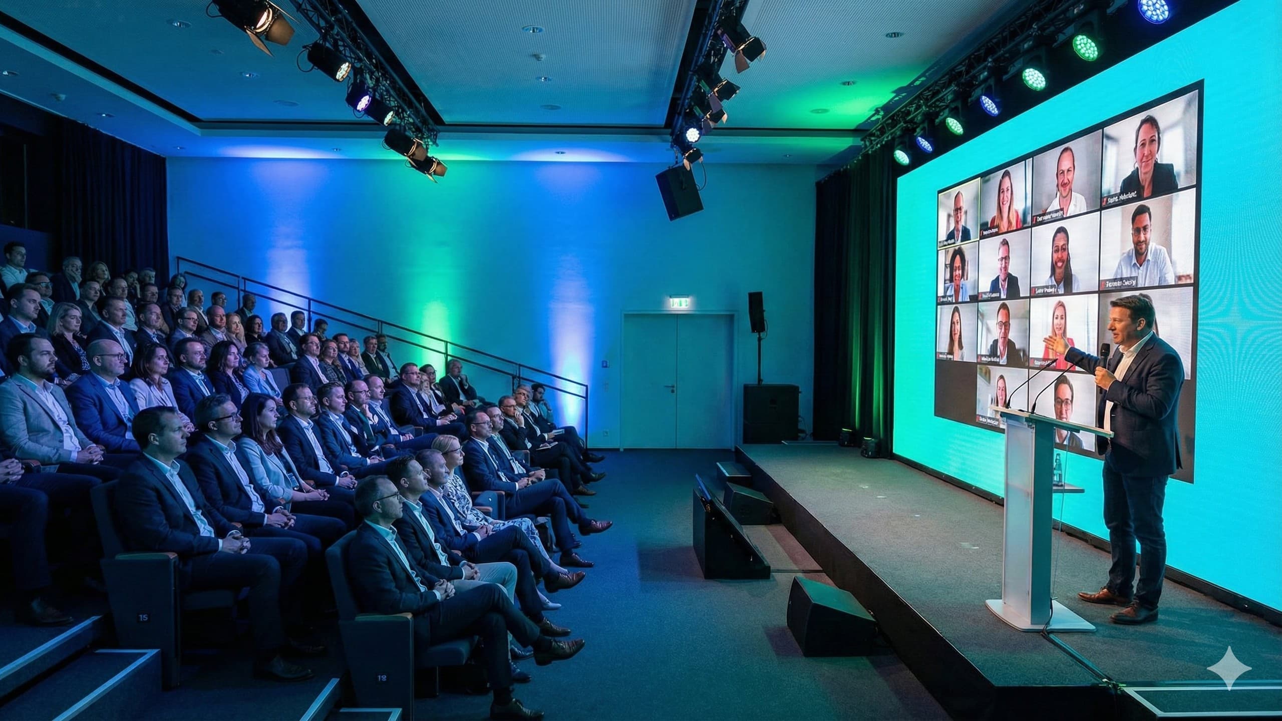 Hybrid corporate event with in-person and virtual attendees