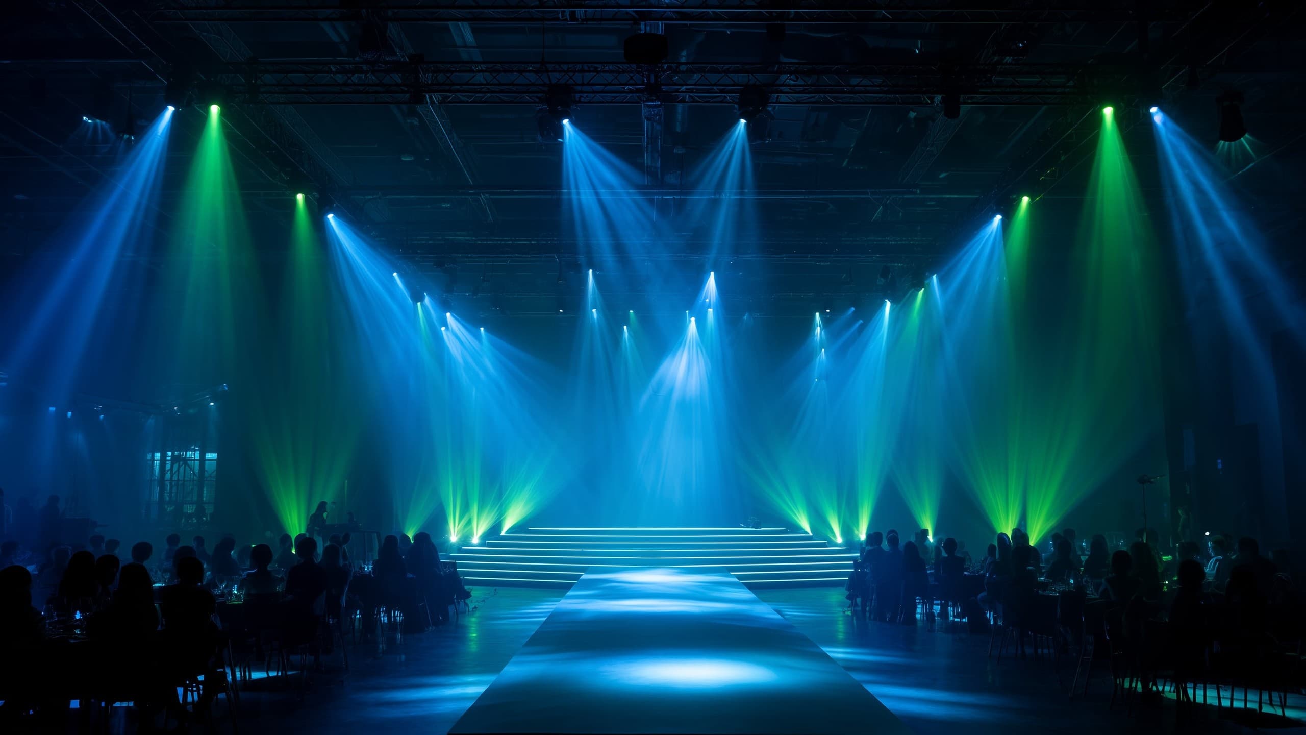 Dramatic product launch event with stage lighting