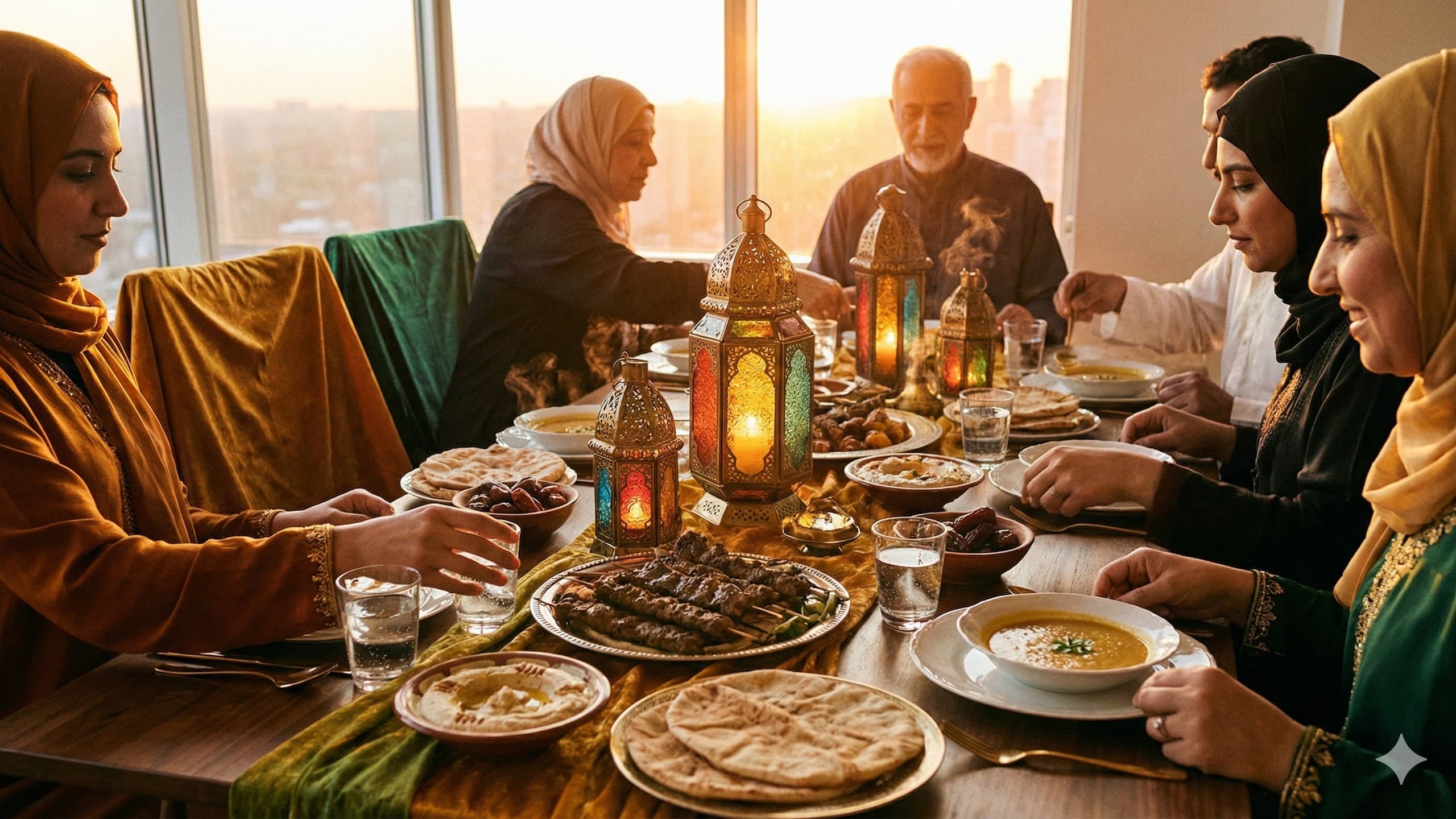 Beautifully set Ramadan iftar dinner table with dates and lanterns