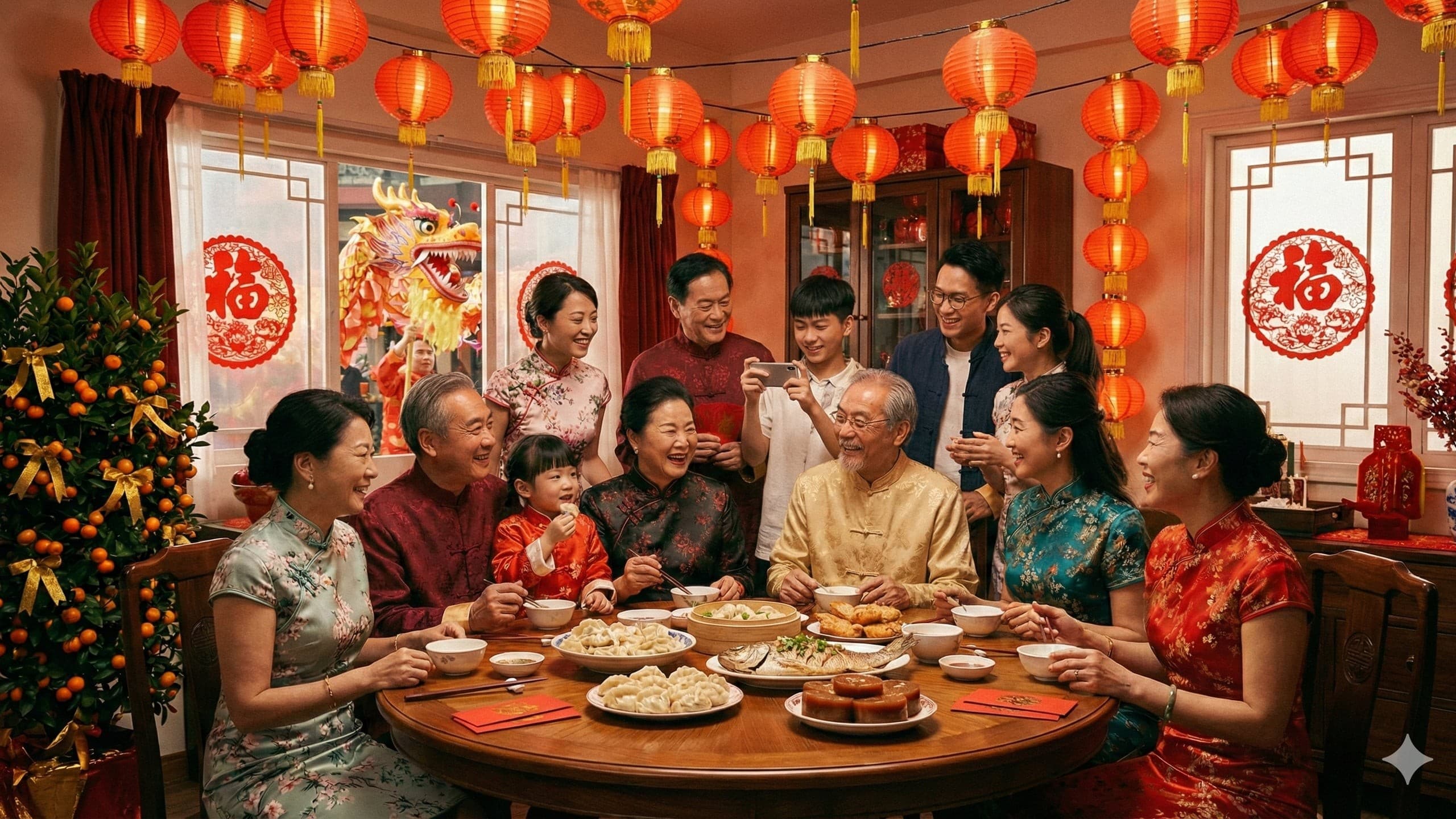 Lunar New Year celebration with red lanterns and dragon decorations