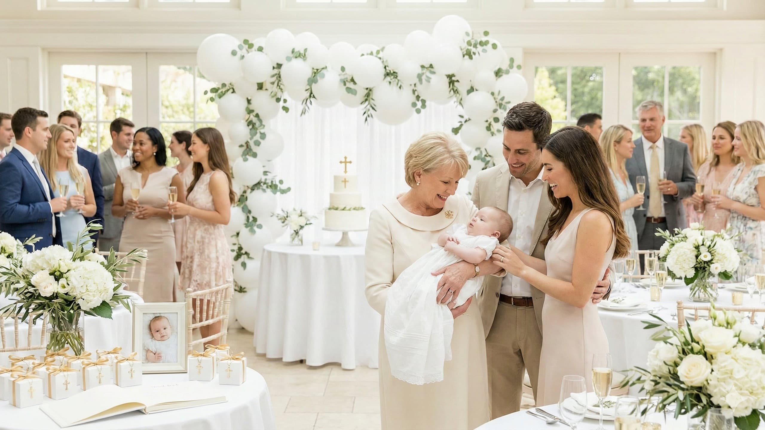Elegant baptism reception with white and gold theme