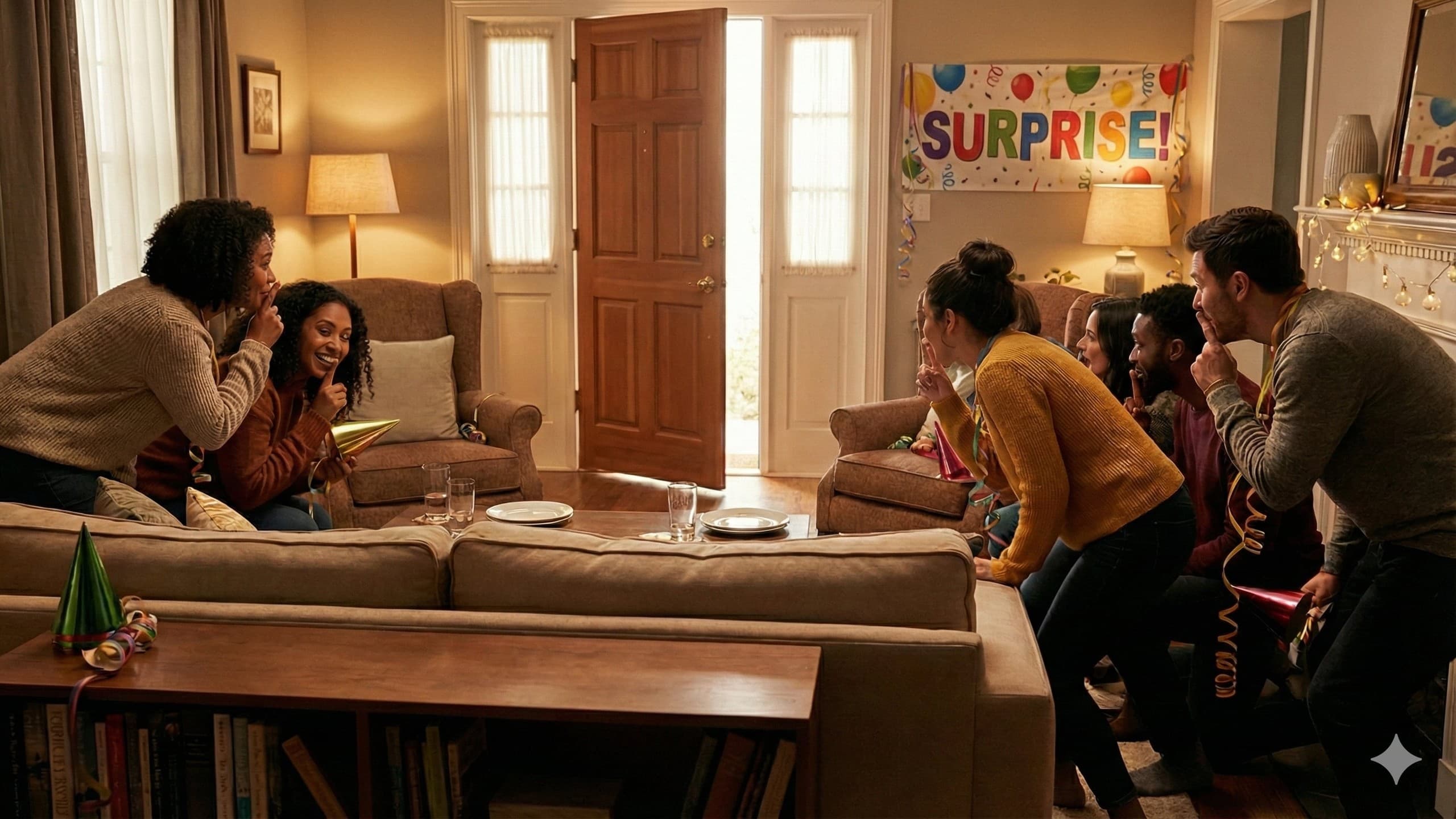 Guests hiding and waiting for surprise party reveal