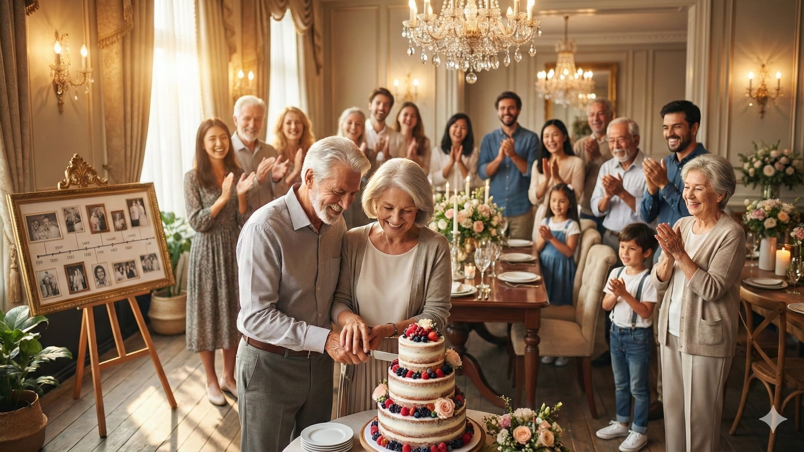 Couple celebrating their wedding anniversary with family