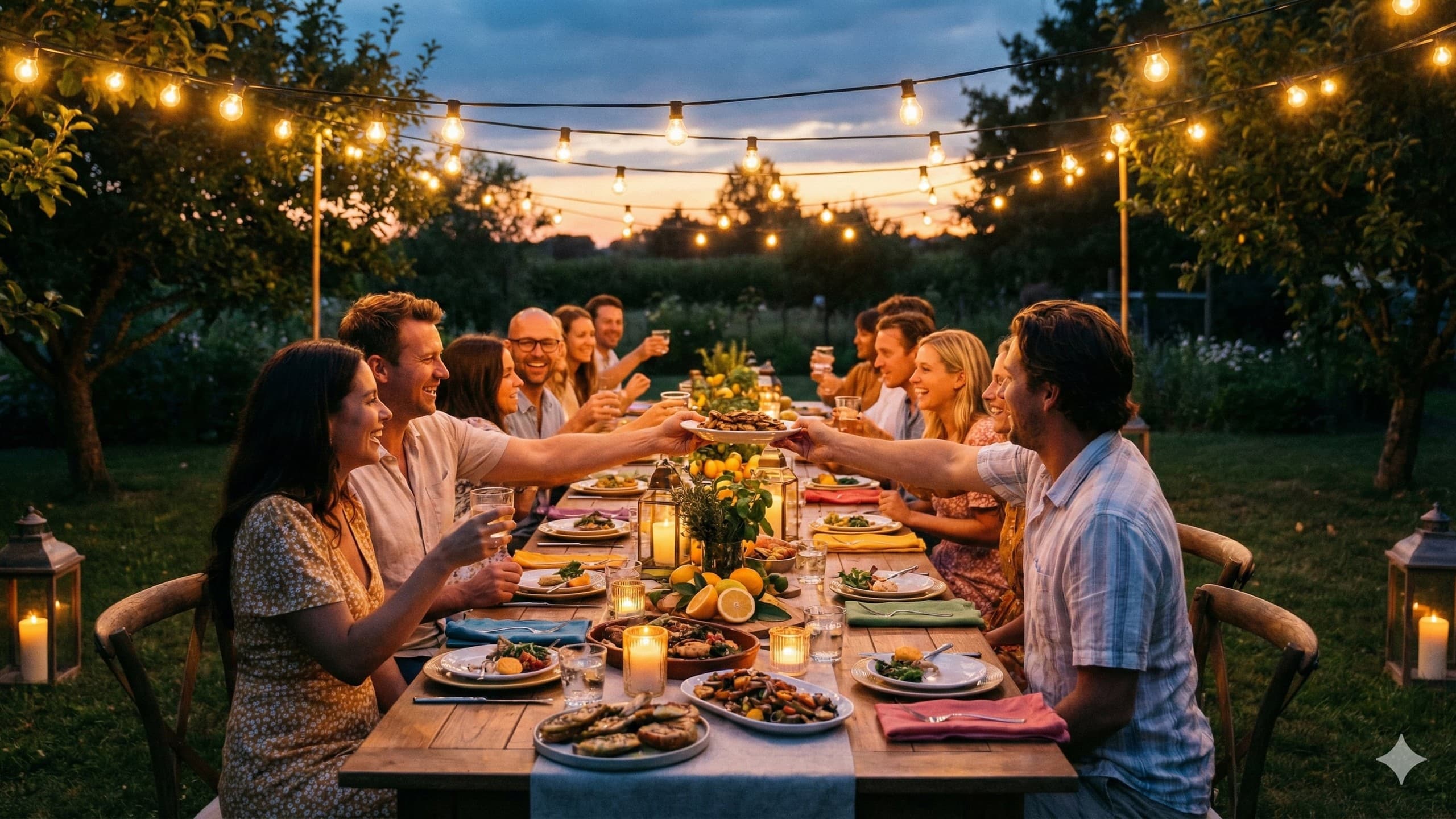 Beautiful outdoor summer party with string lights