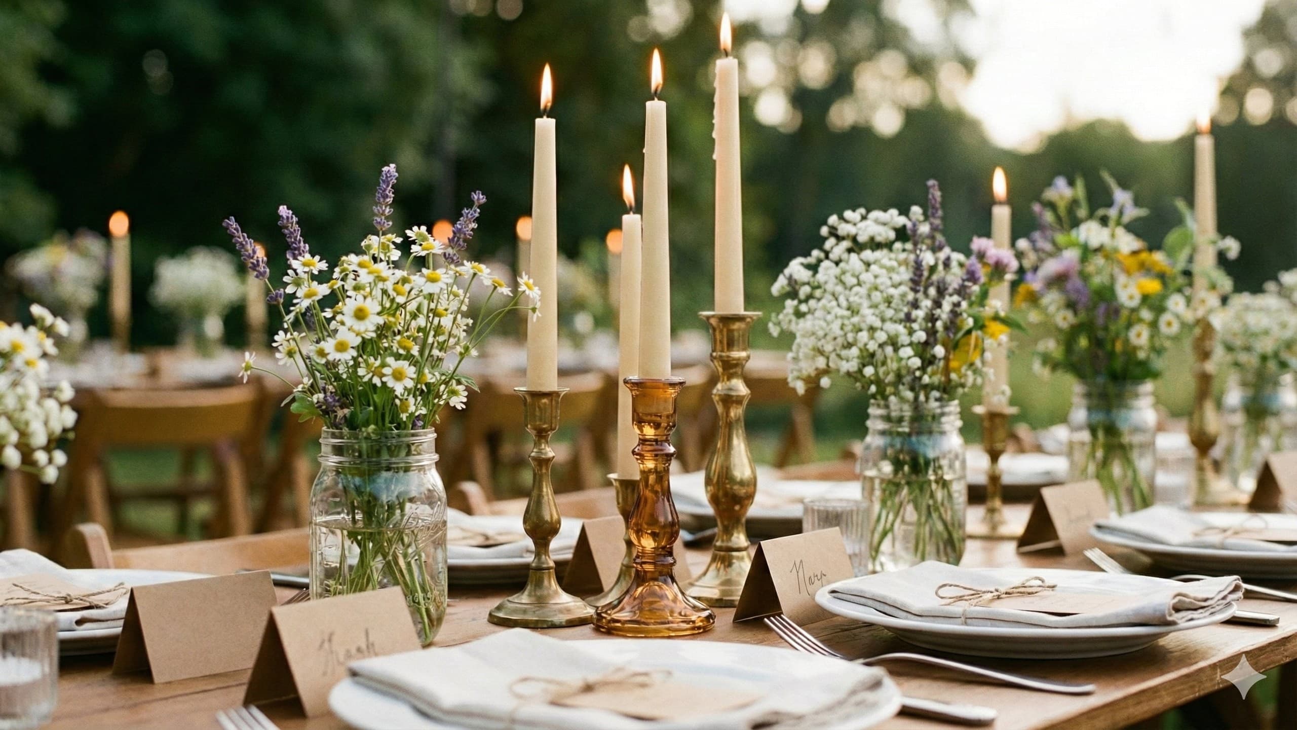 Elegant budget-friendly wedding table setting with candles