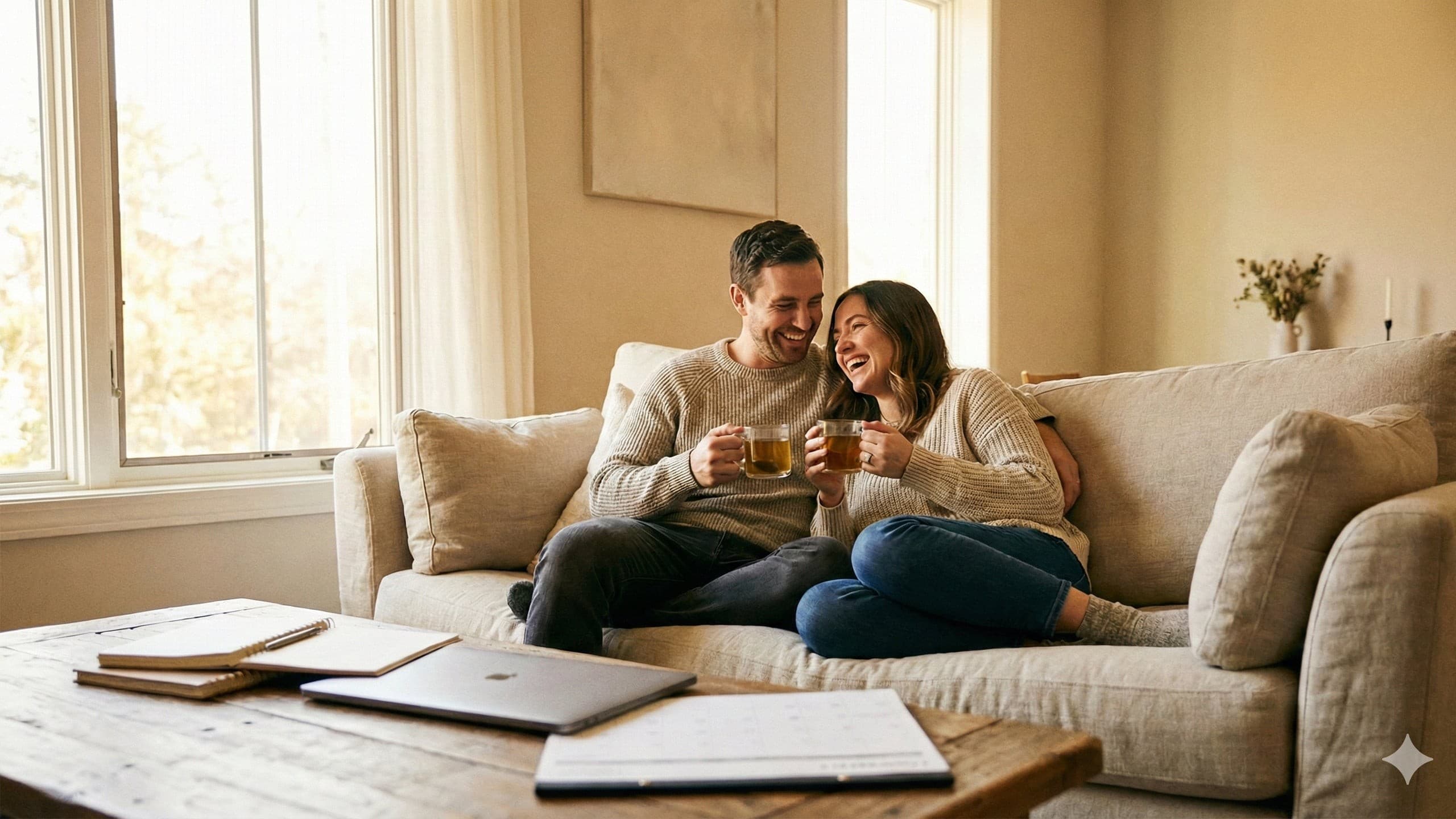 Couple relaxing and planning their wedding stress-free
